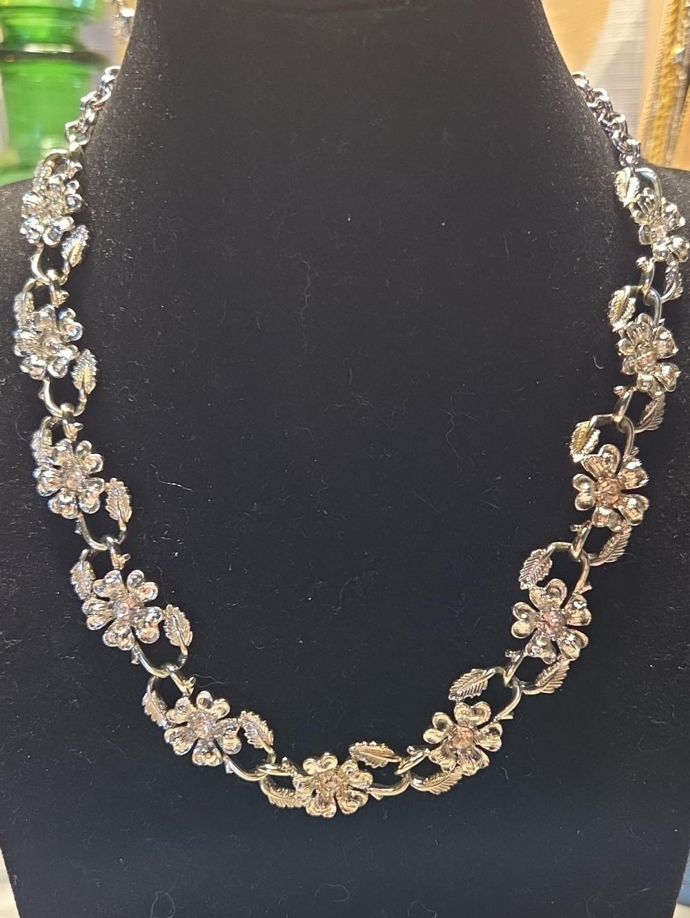 CORO Vintage 1950 Silver Floral Crystal-Link Necklace